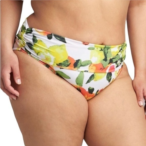 Lane Bryant Ruched Side High-Waist Swim Brief in Grapefruit - Picture 1 of 5